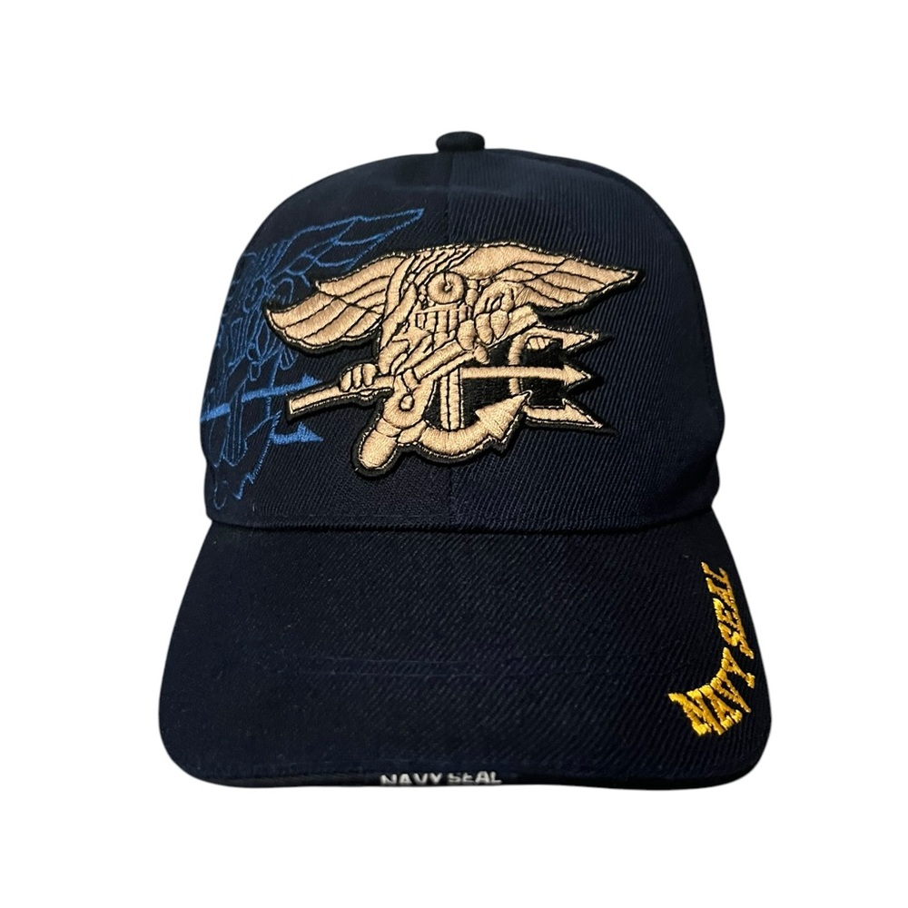 Navy Seal Embroidered Golden Lion Blue Canvas Adjustable Strap Cap Hat Military